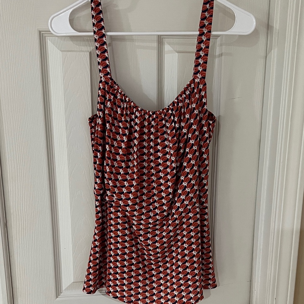 CAbi Orange and Navy Patterned Blouse
